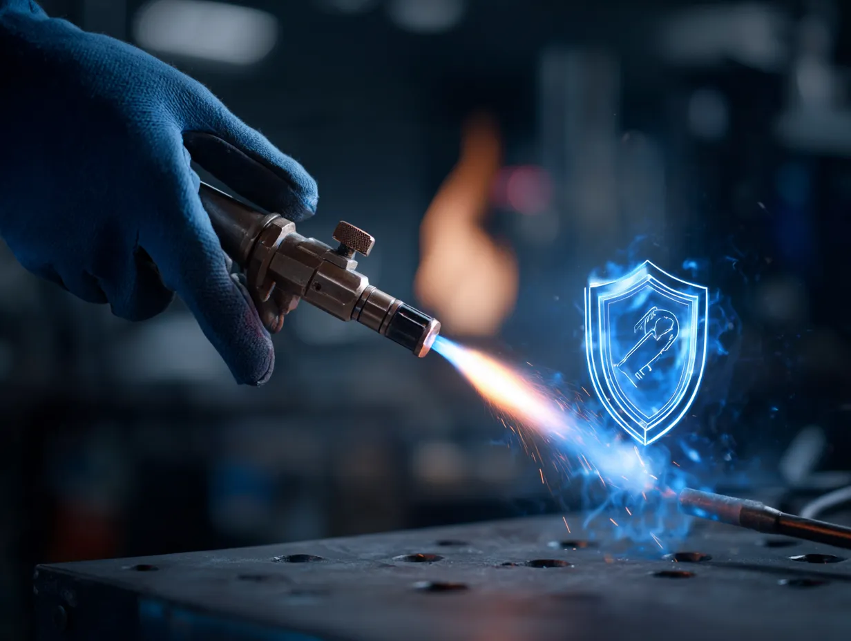 How to Use and Take Care of Your Butane Torch Safely 1 Gloved hand inspecting and adjusting a butane torch before use