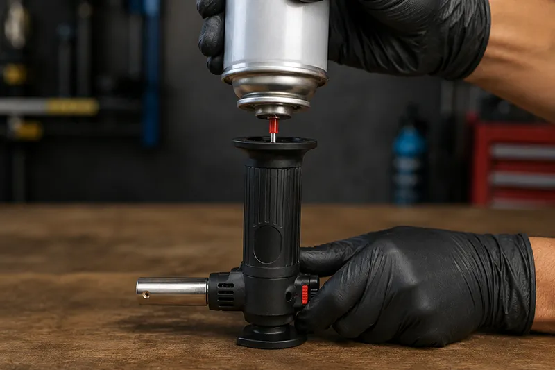 Refilling a cool butane torch with an inverted fuel can