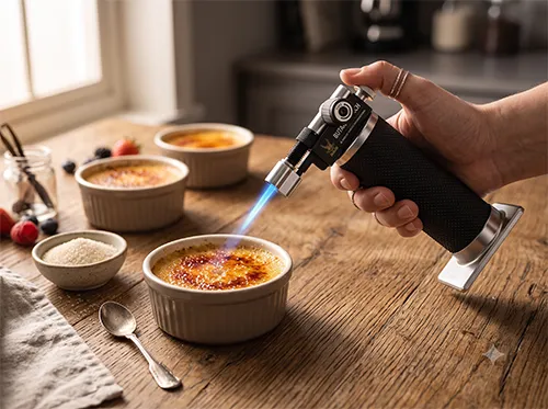 Ravs butane torch cooking sugar on creme brulee