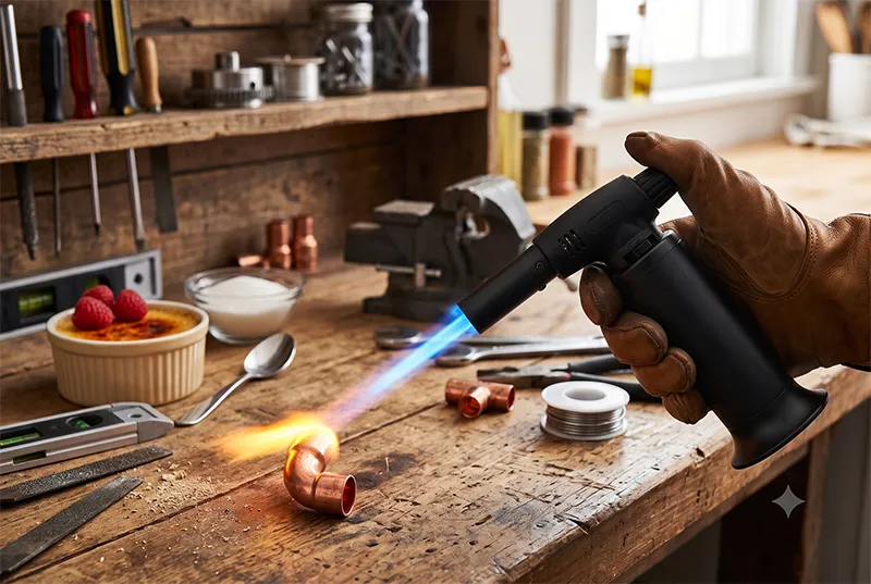 torch being used to solder copper pipe with creme brûlée in the background