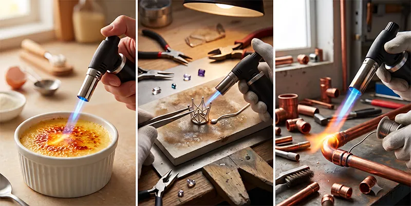 Triptych showing 3 uses of a butane torch, carmalizing creme brûlée, jewelry making and soldering copper pipe